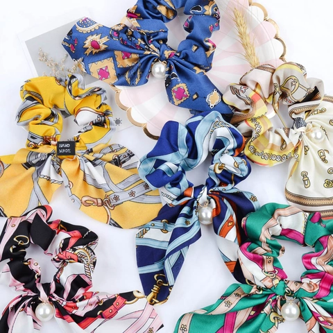 Satin Haargummis Mit Schleife Und Künstliche Perlenanhänger Vintage Druck Elastische Haarbänder Für Damen Täglich Party Haarschmuck