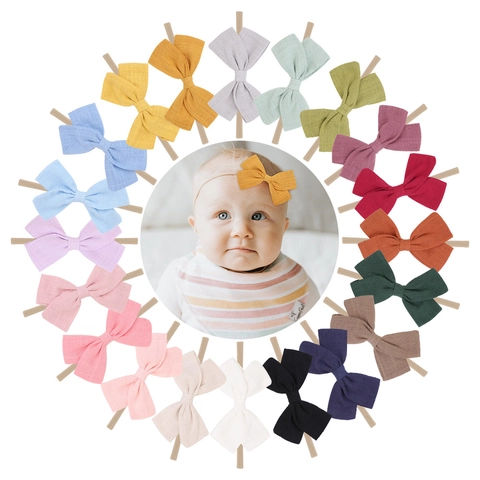 Handmade Slub Cotton Bow Baby Headband Soft Elastic Nylon Hair Band For Infants Toddlers Girls Kids Solid Fine Headwear