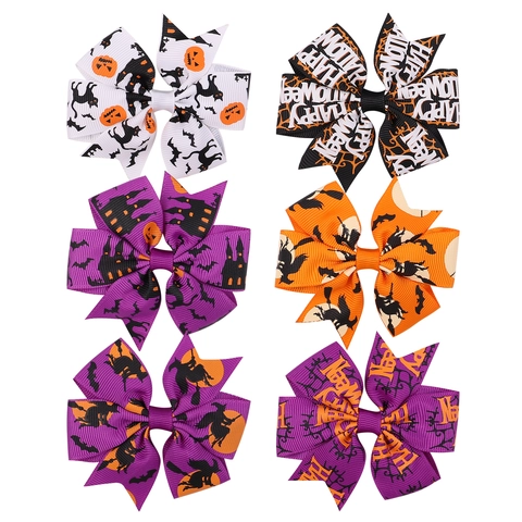 Halloween Kids Bow Hair Clips Bat Pumpkin Witch Ghost Printed Grosgrain Ribbon Alligator Clips Party Hair Accessories