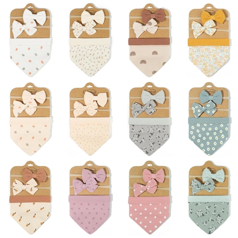 Baby Headband And Bib Set Soft Cotton Bow Elastic Hair Band Triangle Saliva Towel Floral Print Infant Headwear For Toddler