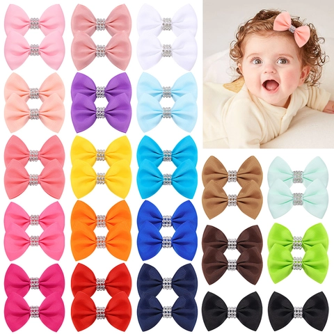Handmade Grosgrain Ribbon Bow Hair Clips For Kids Babies Rhinestone Solid Color Duckbill Hairpins Girls Hair Accessories