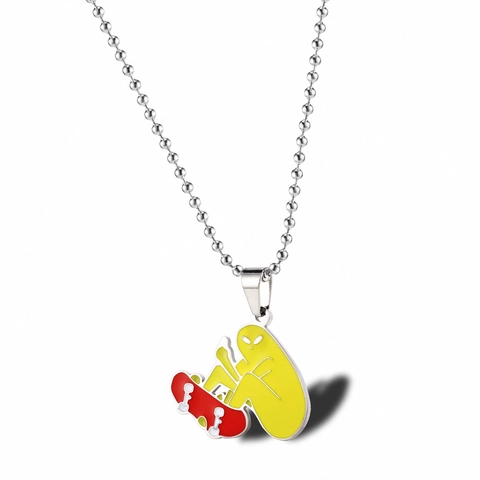 Hip Hop Alien On Skateboard Pendant Necklace Titanium Steel Colorful Enamel Streetwear Jewelry For Men Women Funny Gift