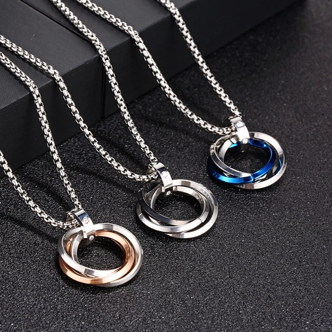 Titanstahl Ineinandergreifende Dreifachring Anhänger Halskette Für Herren Damen Trendiger Zirkonia Hip Hop Modeschmuck Halskette