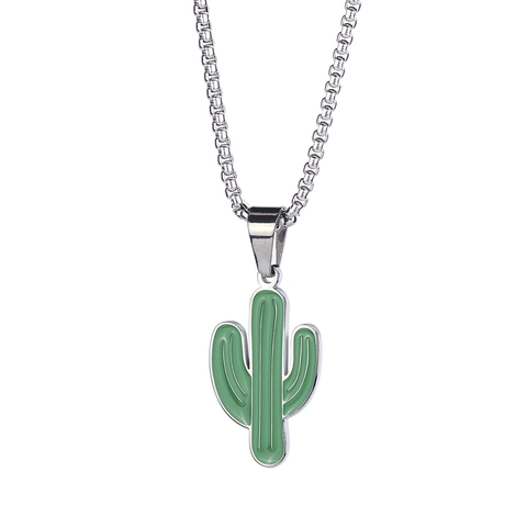 Hip Hop Cactus Pendant Necklace Stainless Steel Titanium Steel Drip Glue Green Plant Unisex Fashion Jewelry Long Chain Necklace
