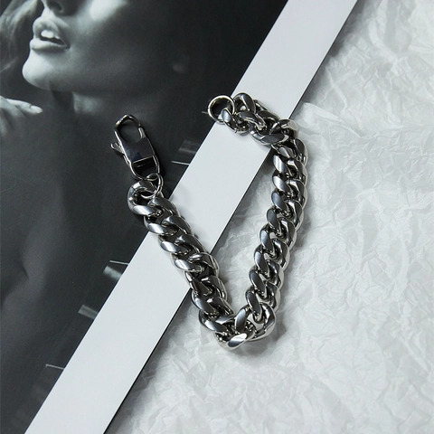 Men's Hip Hop 12mm Titanium Steel Cuban Link Bracelet Heavy Polished Stainless Steel Curb Chain Silver Streetwear Jewelry