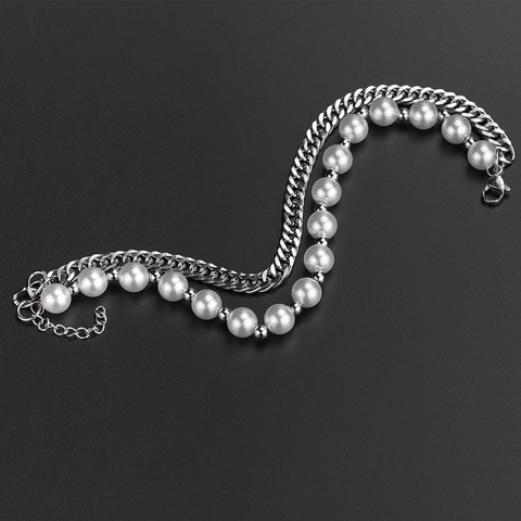 Hip Hop Double Layer Stainless Steel Artificial Pearl Bracelet Men Women Adjustable Cuban Link Chain Jewelry Accessory