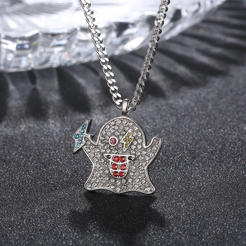 Collar Con Colgante De Fantasma Hip Hop Acero De Titanio Diamantes De Imitación Cadena Cubana Perla Artificial De Imitación Joyería Streetwear Para Hombre Mujer