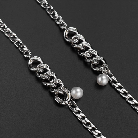 Collana a Catena Barbazzale Hip Hop in Acciaio Inossidabile Con Strass Intarsiati e Künstliche Perle Design di Nicchia Accessorio Tono Argento