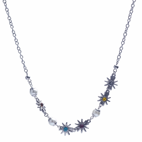 Collana con Pendente Girasole e Faccina Sorridente in Acciaio Inossidabile per Unisex Gioielli Hip Hop con Perle Artificiali e Strass Colorati