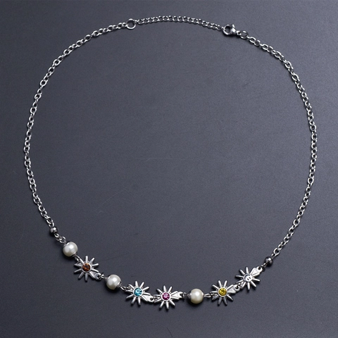 Collana con Pendente Girasole e Faccina Sorridente in Acciaio Inossidabile per Unisex Gioielli Hip Hop con Perle Artificiali e Strass Colorati