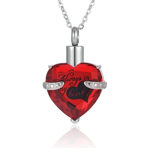 Stainless Steel Heart Cremation Urn Necklace Always In My Heart Engraved Crystal Birthstone Memorial Pendant For Ashes Men Women