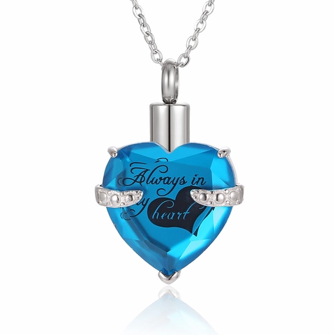 Stainless Steel Heart Cremation Urn Necklace Always In My Heart Engraved Crystal Birthstone Memorial Pendant For Ashes Men Women