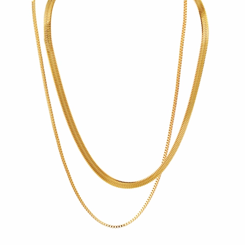 Collier Double Couche en Acier Inoxydable Minimaliste pour Femmes Or Argent Chaîne à Chevrons Et Chaîne Box Bijoux Cadeau