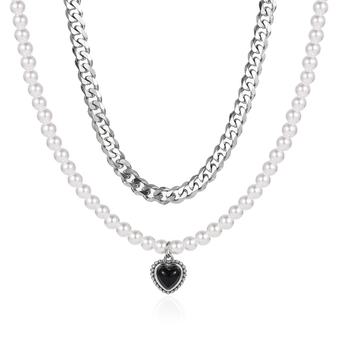 Collana Doppio Strato in Acciaio al Titanio e Perle Artificiali Con Ciondolo a Cuore Nero Catena Barbazzale Gioielli Hip Hop