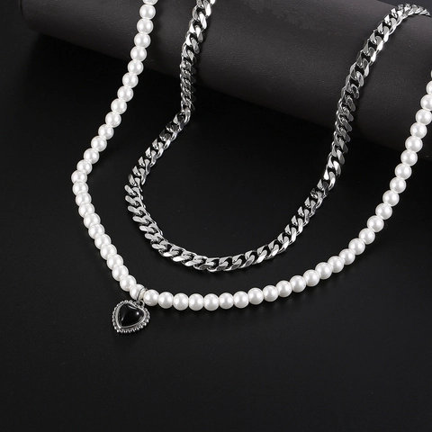 Collana Doppio Strato in Acciaio al Titanio e Perle Artificiali Con Ciondolo a Cuore Nero Catena Barbazzale Gioielli Hip Hop
