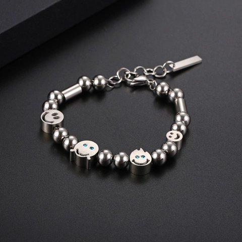 Hip Hop Titaniumstaal Smiley Gezicht Kralen Armband Voor Dames Heren Roestvrij Staal Zilver Strass Glimlach Armband