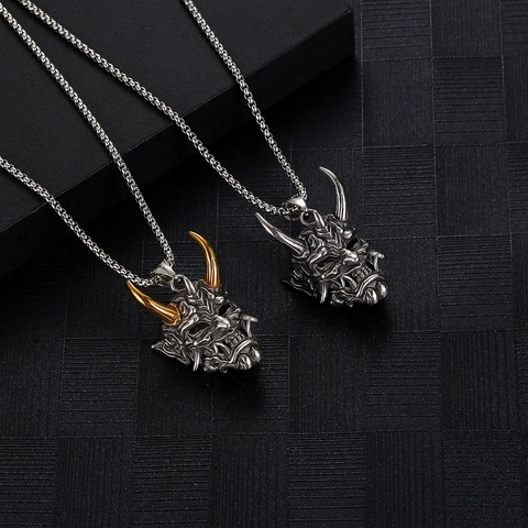 Hannya Mask Pendant Necklace Stainless Steel Chain Copper Alloy Oni Ghost Gothic Punk Jewelry For Men Halloween Gift