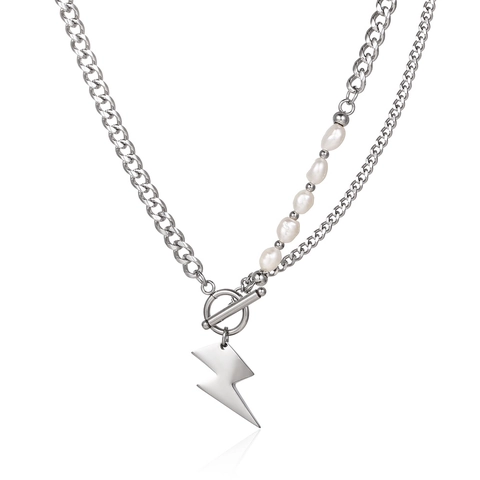 Collier Minimaliste avec Perles d'Eau Dolce Naturelles et Pendentif Éclair en Acier Inoxydable avec Fermoir à Bascule