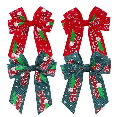 Barrettes à Nœud en Ruban Gros-Grain Imprimé Père Noël et Camion pour Enfants Filles Accessoires de Coiffure Nœud de Noël
