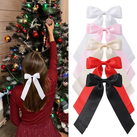 Elegant Satin Double Layer Bow Hair Clip With Long Streamer For Girls Sweet Solid Color Hairpins Kids Hair Accessories