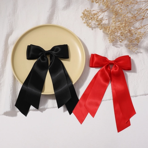 Elegante Pinza para el Cabello con Lazo de Doble Capa de Satén de Polialgodón Con Cintas Largas Dulce Color Macaron Accesorios para Niños