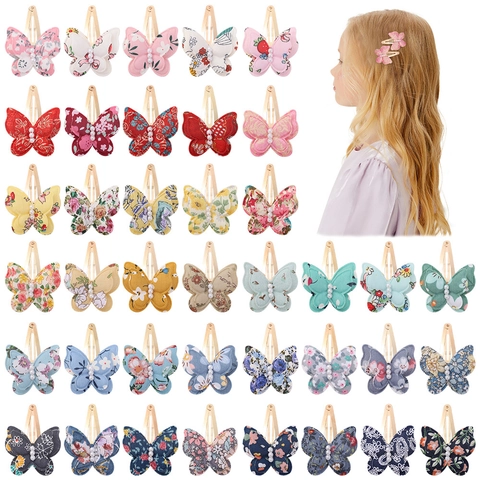 Pince à Cheveux Papillon Fait à la Main pour Enfants Avec Perle Artificielle Barrette en Tissu Imprimé Floral Princesse