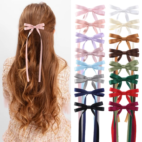Kids Long Streamer Bow Hair Clip For Girls Elegant Satin Look Polyester Cotton Ribbon Bowknot Alligator Clip Hair Accessory