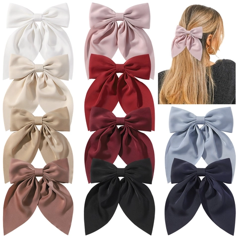 Large Satin Bow Hair Clip With Long Ribbon Handmade Polyester Fabric Alligator Clip For Kids Girls Hair Accessories