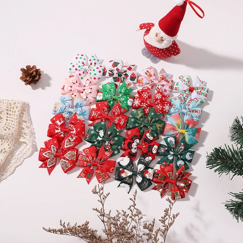 Barrettes à Nœuds de Noël pour Enfants en Ruban Gros-Grain avec Imprimés Père Noël Renne Bonhomme de Neige Accessoires Fête