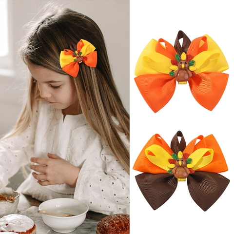 Pinces à Cheveux Nœud Dindon de Thanksgiving pour Enfants Ruban Gros-Grain Fait à la Main Accessoires de Cheveux de Fête