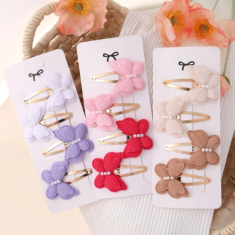 Handmade Double Layer Embroidered Butterfly Hair Clips With Faux Artificial Pearl Fabric Bow Hairpins For Kids Girls Hair Accessories