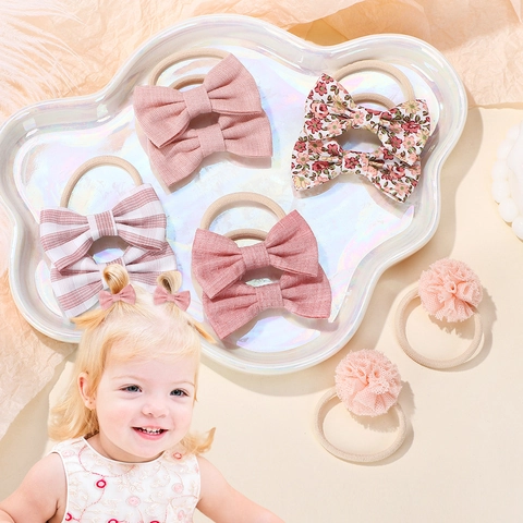 Elastici per Capelli con Fiocco per Bambini Fasce Elastiche in Tessuto con Fiori e Pompon per Neonata Accessori per Capelli