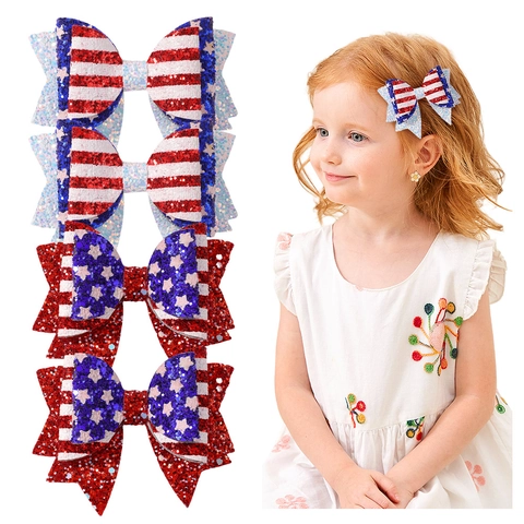 Fermagli per Capelli a Fiocco Glitter Giorno dell'Indipendenza USA Motivo Stelle e Strisce Forcine con Paillettes Scintillanti Accessori per Capelli Bambine
