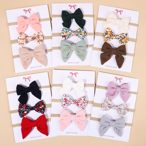 3 Pieces Baby Bow Headband Set Elastic Nylon Hair Bands For Infants Toddler Corduroy Floral Fabric Hair Accessories