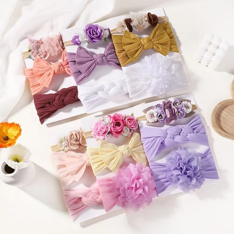 Set di Fasce in Nylon per Neonata Fascia Elastica Morbida Con Fiore in Tessuto E Fiocchetto per Neonati Accessori per Capelli