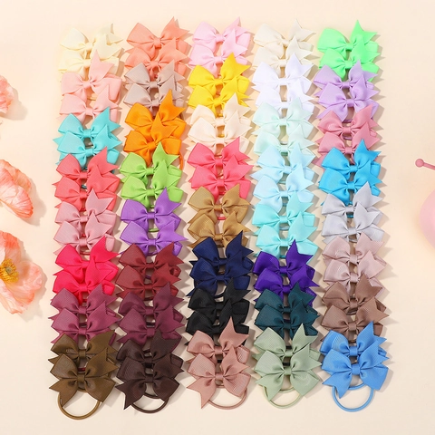 Children Bow Hair Ties Set Grosgrain Ribbon Elastic Hair Bands Solid Color Bowknot Ponytail Holder Girls Hair Accessories