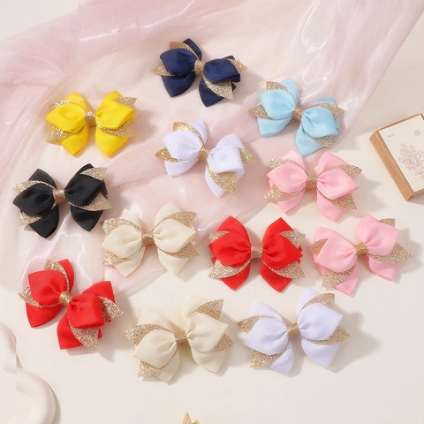 Handmade Grosgrain Ribbon Glitter Bow Hair Clips For Girls Double Layer Boutique Bowknot Duckbill Hairpins Party Accessories