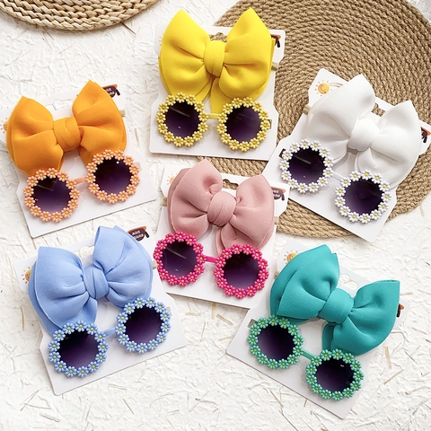 Cute Kids Bow Nylon Headband Sunflower Sunglasses Summer Vacation Baby Hair Accessories Daisy Flower Round Eyewear