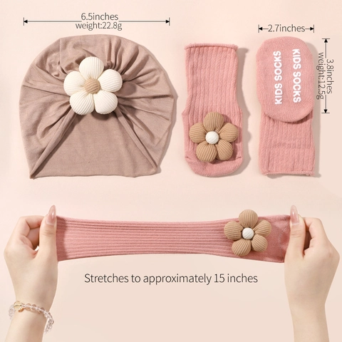 Baby Turban Hat And Anti Slip Socks With Large Flower Infant Cotton Beanie Cap And Floor Socks Toddler Birthday Gift