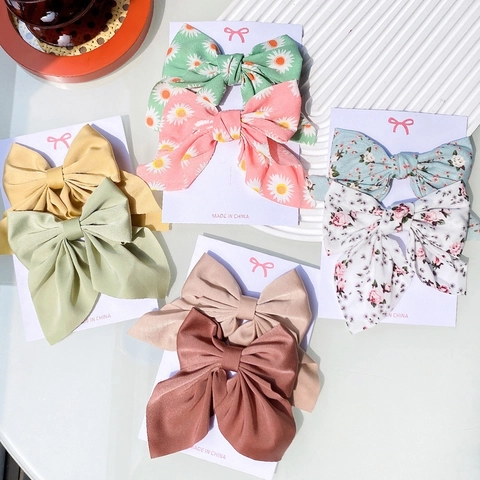 Pinzas para el Cabello con Lazo de Satén Grandes para Niñas Estilo Preppy Vintage Color Sólido Clips de Pico de Pato Lolita