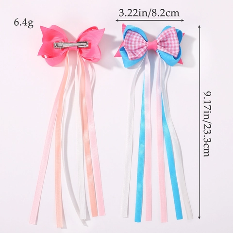 Kids Bow Hair Clips Double Layer Satin Ribbon Long Streamer Alligator Clips Plaid Pattern Princess Hair Accessories For Girls