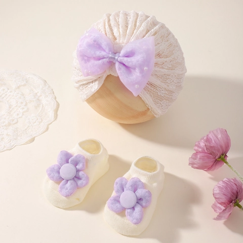 Fascia per Neonati in Pizzo Maglia con Fiocco E Calzini in Maglia Dolce Decorazione Floreale Per Bambine Uso Quotidiano