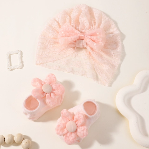 Fascia per Neonati in Pizzo Maglia con Fiocco E Calzini in Maglia Dolce Decorazione Floreale Per Bambine Uso Quotidiano
