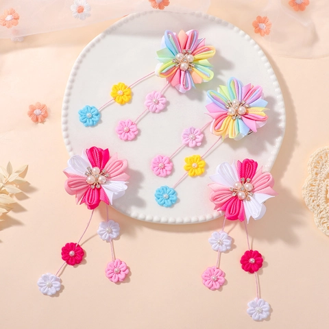 Handmade Flower Hair Clips For Girls Artificial Pearl Rhinestone Tassel Hairpins Sweet Pastoral Style Toddler Hair Accessories