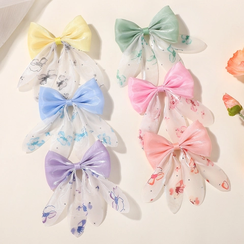 Kids Bow Hair Clips Mesh Gauze Double Layer Flower Print Alligator Clips Princess Hair Accessories For Girls Toddlers