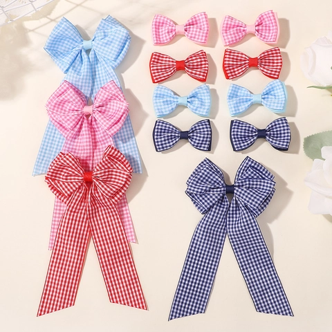 Handmade Plaid Bow Hair Clip Set For Girls Polyester Gingham Hairpin With Swallowtail Ribbons Sweet Hair Accessories For Daily Wear