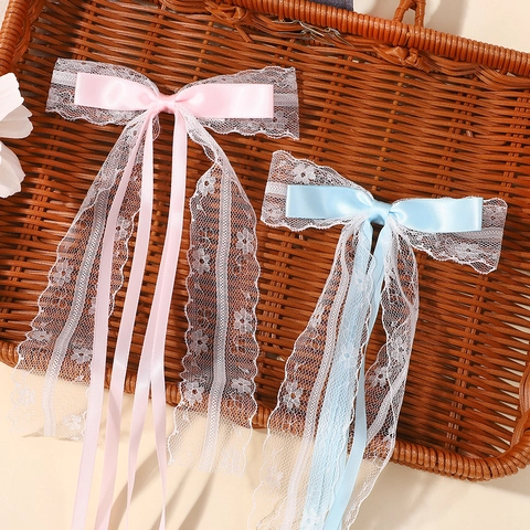 Children Sweet Ribbon Bow Hair Clip Solid Color Chiffon Lace Long Streamers Hairpin Girls Princess Hair Accessories