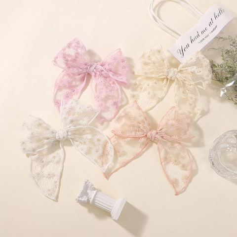Elegant Beige Lace Bow Hair Clip With Daisy Embroidery Fairy Mesh Ribbon Hair Accessories For Women Sweet Floral Hair Clip