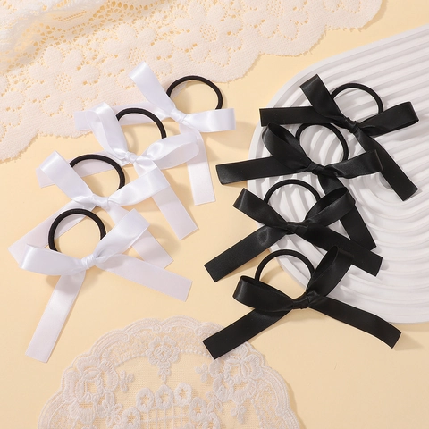 Women Girls Satin Bow Hair Scrunchie With Long Streamer Solid Color Polyester Ribbon Ponytail Holder Handmade Hair Accessories