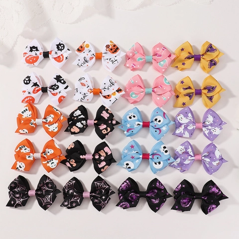 Halloween Bow Hair Clips Polyester Grosgrain Ribbon Ghost Pumpkin Spider Web Prints For Kids Toddlers Girls Party Hair Accessories